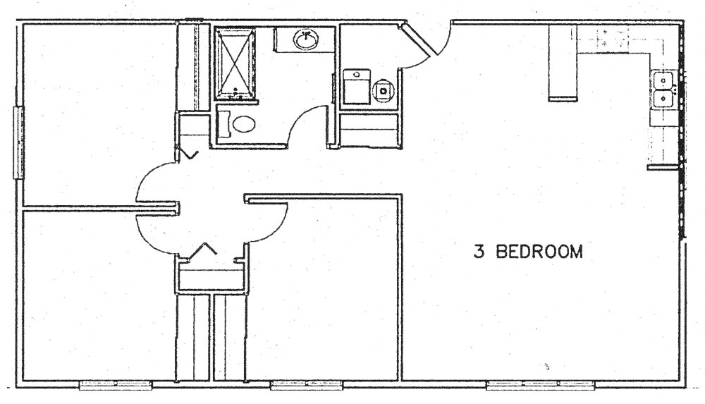 Floor plan for 3 beds, 1 bath, 1107 sqft